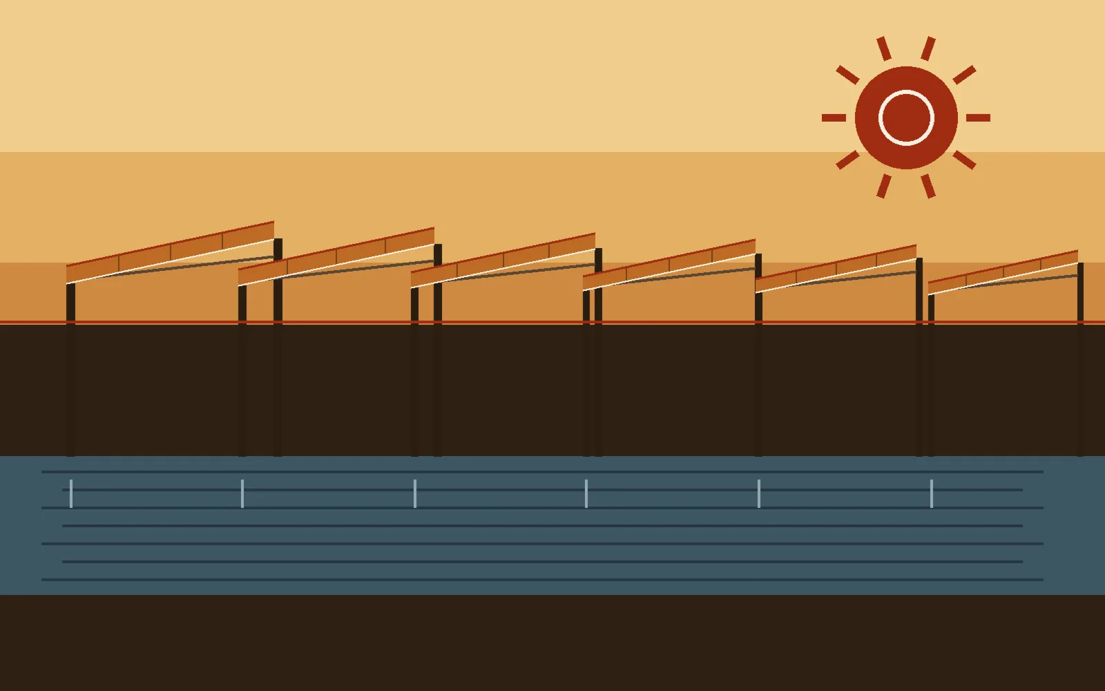 Illustration of tilted copper-colored solar panels on truss supports spanning a canal, drawn in side view over a slate-blue water band with reflection marks beneath each post