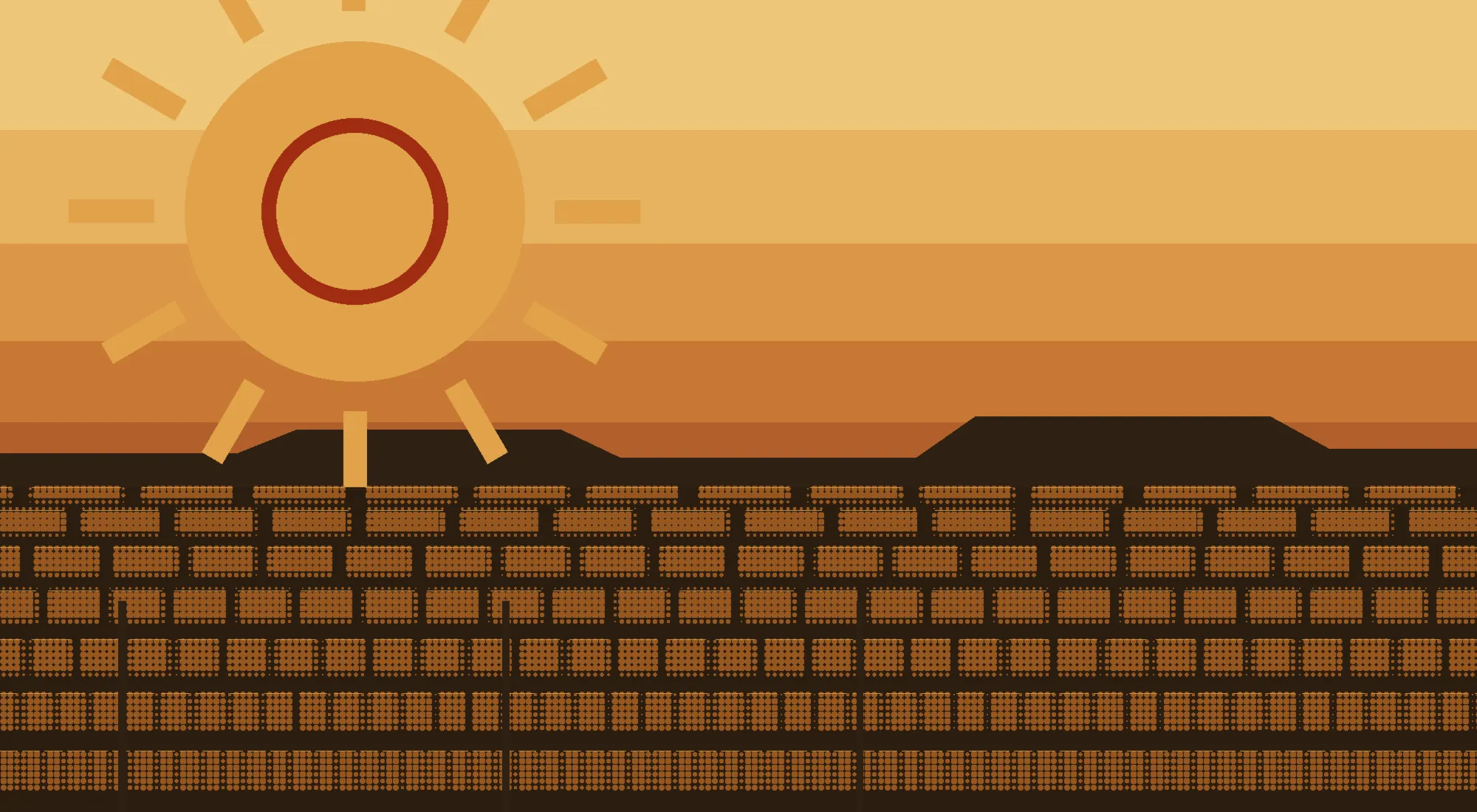 Illustration of rows of solar panels across the desert at golden hour, copper-colored panel rows under a large rayed sun and a rust-orange sky